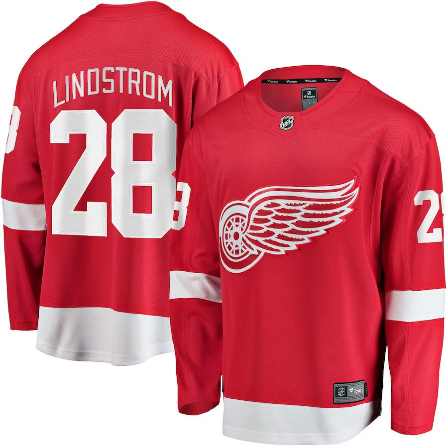 Men Detroit Red Wings #28 Gustav Lindstrom Fanatics Branded Red Home Breakaway Player NHL Jersey